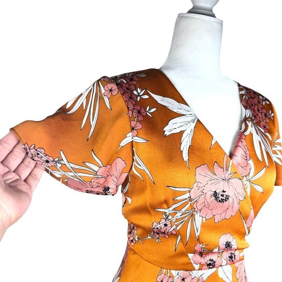 Express Faux Wrap Floral Rust Mustard Yellow Sexy Back Fit & Flare Mini Dress - Picture 4 of 9